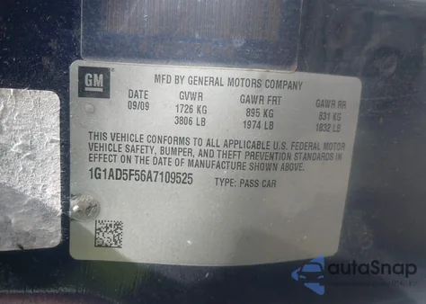 2010 Chevrolet Cobalt Lt z USA, uszkodzony, nr VIN 1G1AD5F56A7109525